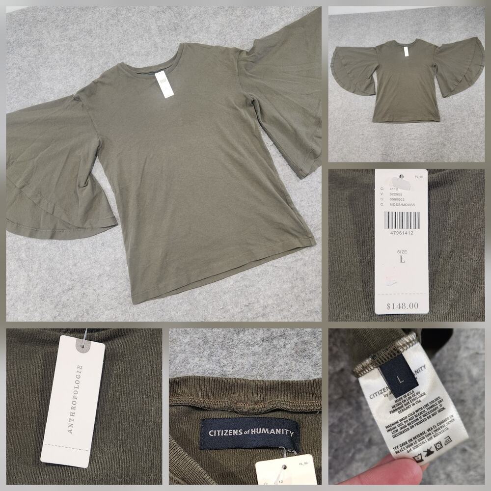 Anthropologie Olive Bell-Sleeve Ribbed Crew Top